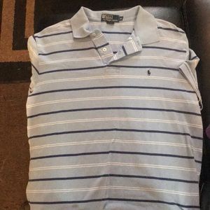 Blue and white striped Carolina blue polo